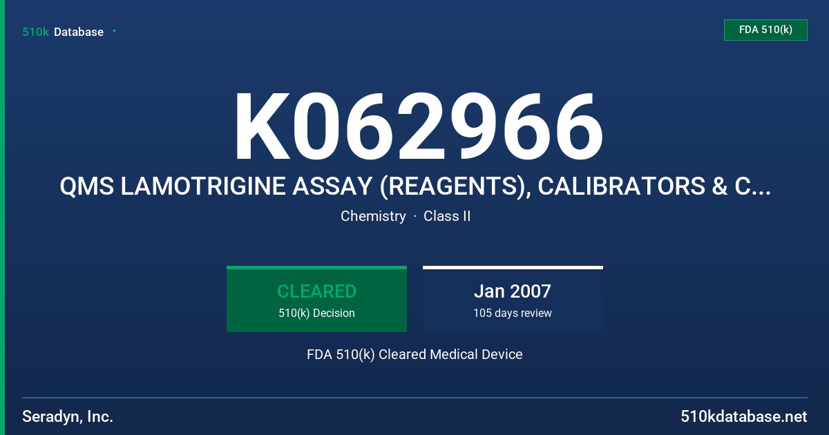K062966 QMS LAMOTRIGINE ASSAY (REAGENTS), CALIBRATORS & CONTROLS FDA 510(k) Cleared Medical Device