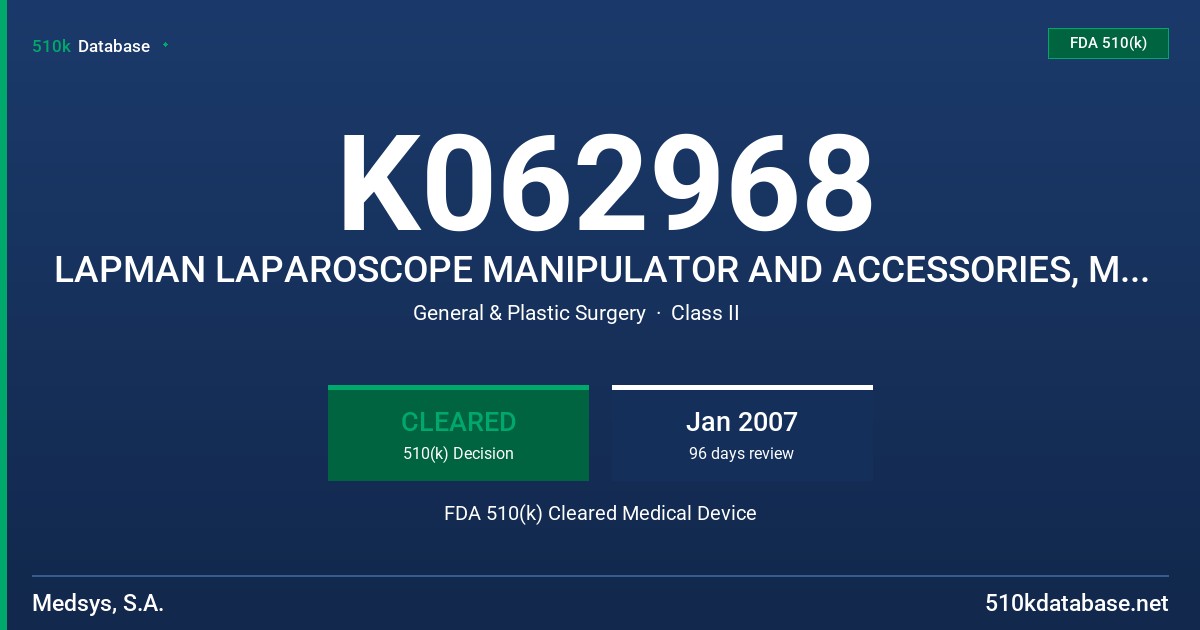 K062968 LAPMAN LAPAROSCOPE MANIPULATOR AND ACCESSORIES, MODEL 900-200 SERIES FDA 510(k) Cleared Medical Device