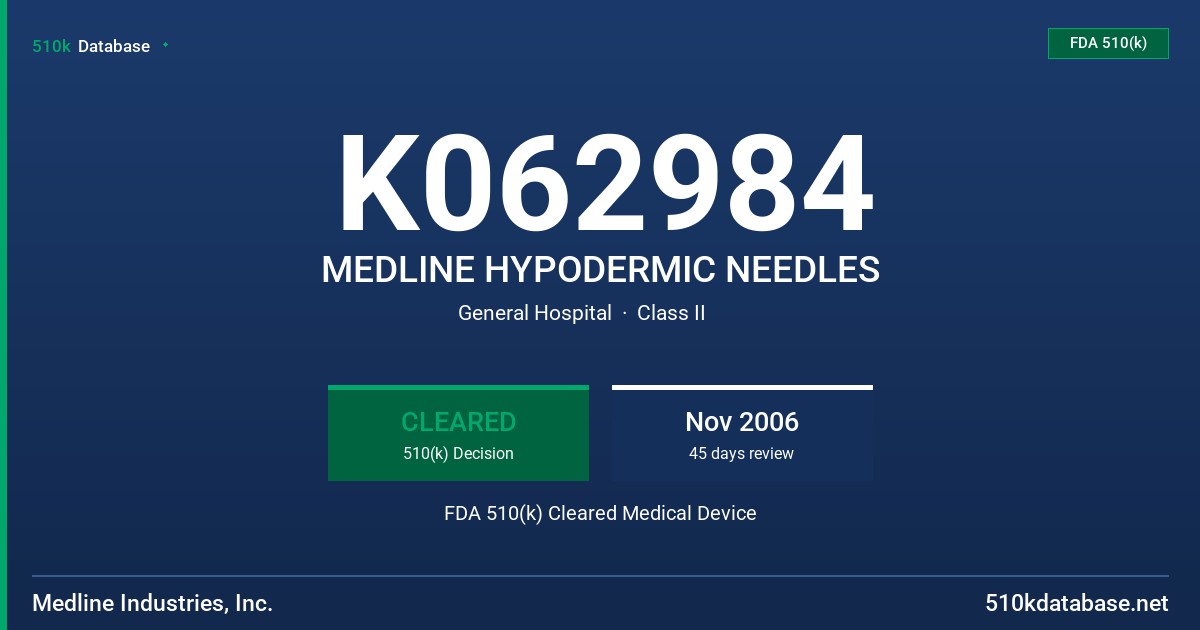 K062984 MEDLINE HYPODERMIC NEEDLES FDA 510(k) Cleared Medical Device