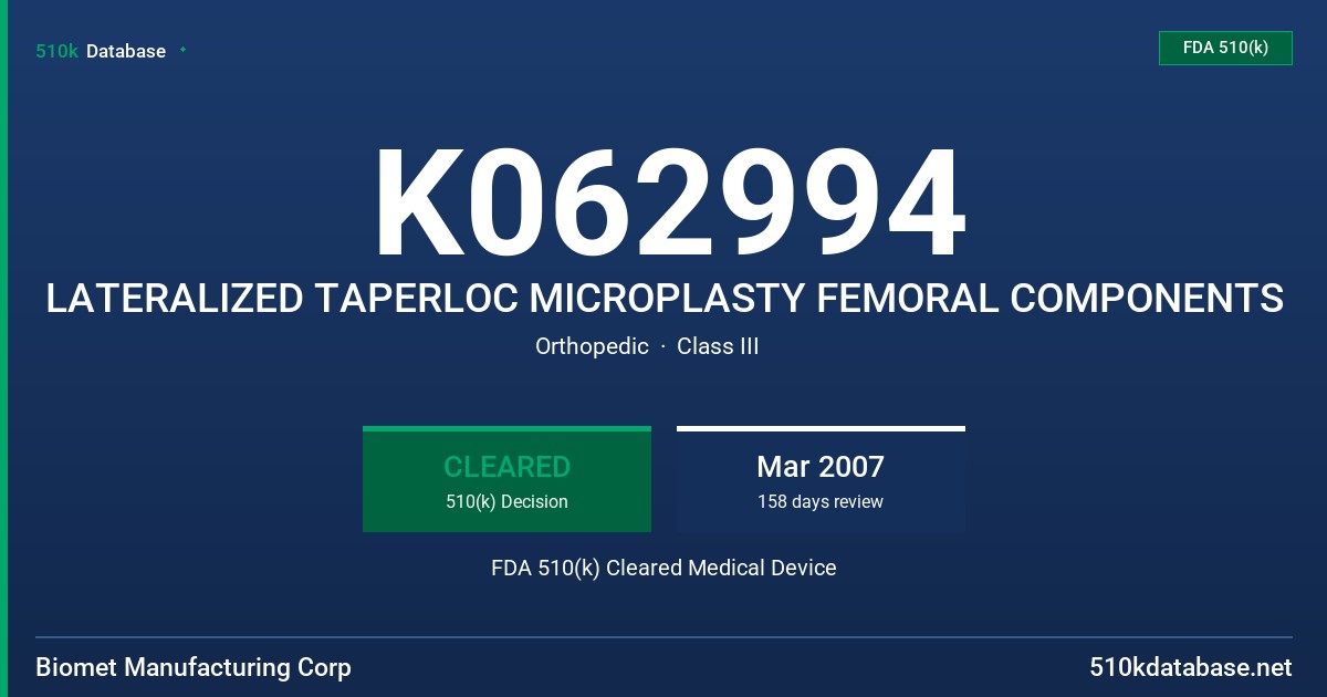 K062994 LATERALIZED TAPERLOC MICROPLASTY FEMORAL COMPONENTS FDA 510(k) Cleared Medical Device
