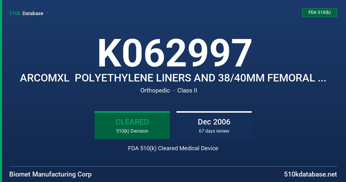 K062997 ARCOMXL  POLYETHYLENE LINERS AND 38/40MM FEMORAL  HEADS FDA 510(k) Cleared Medical Device