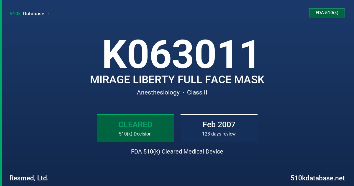 K063011 MIRAGE LIBERTY FULL FACE MASK FDA 510(k) Cleared Medical Device