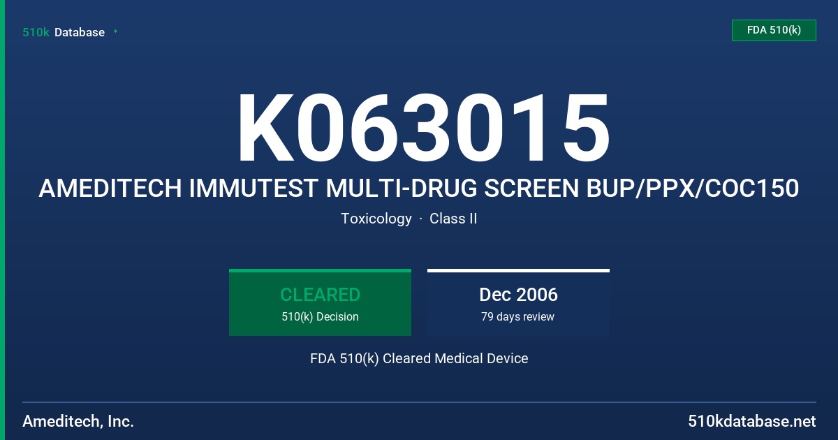 K063015 AMEDITECH IMMUTEST MULTI-DRUG SCREEN BUP/PPX/COC150 FDA 510(k) Cleared Medical Device
