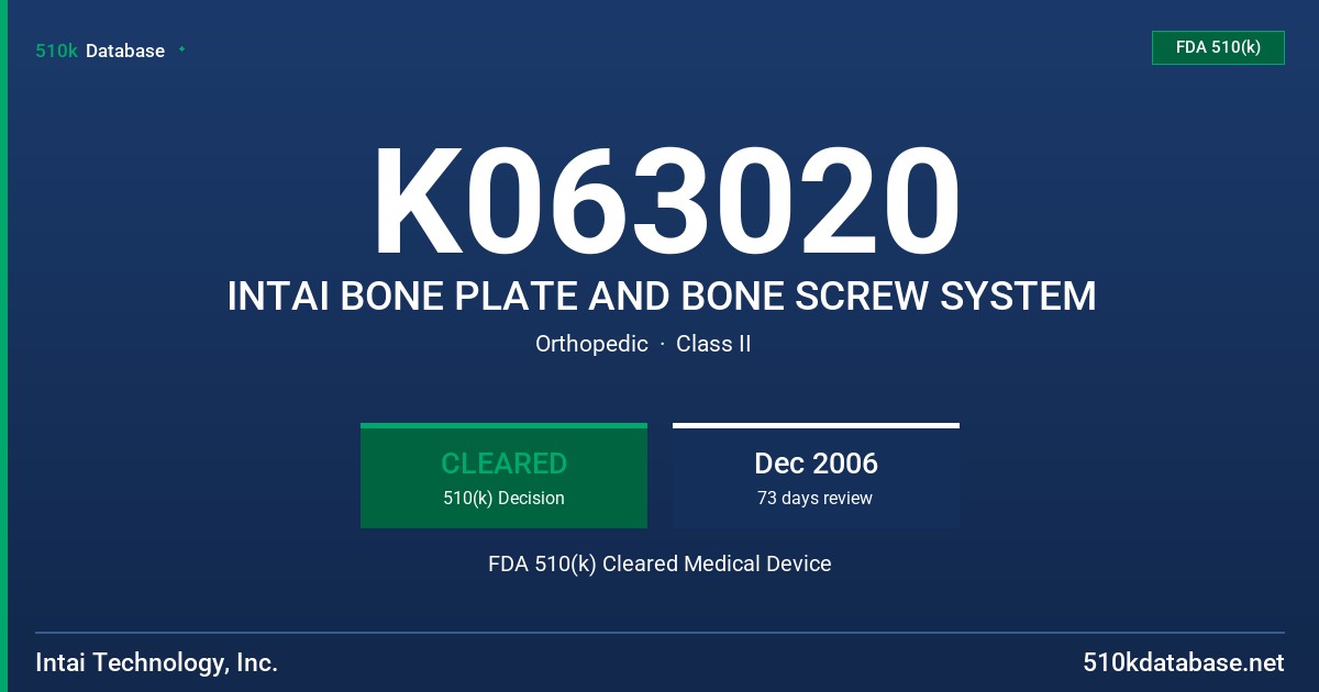 K063020 INTAI BONE PLATE AND BONE SCREW SYSTEM FDA 510(k) Cleared Medical Device