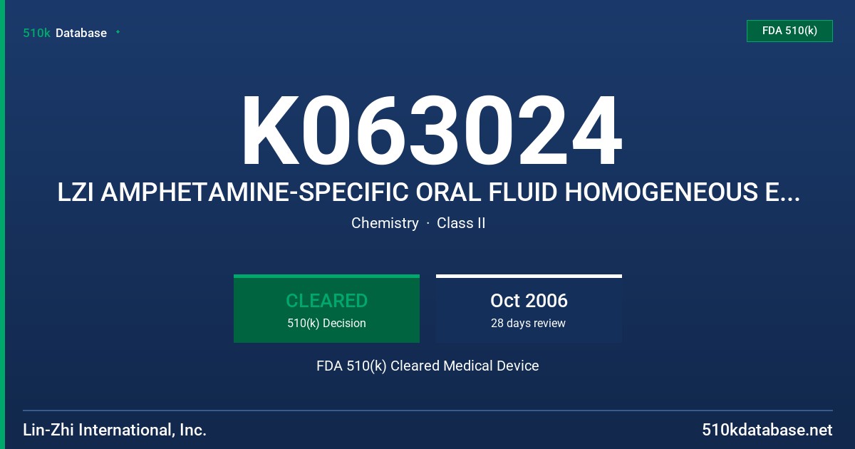 K063024 LZI AMPHETAMINE-SPECIFIC ORAL FLUID HOMOGENEOUS ENZTME IMMUNOASSAY: LZI AMPHETAMINE ORAL FLUID CALIBRATORS AND CONTROLS FDA 510(k) Cleared Medical Device