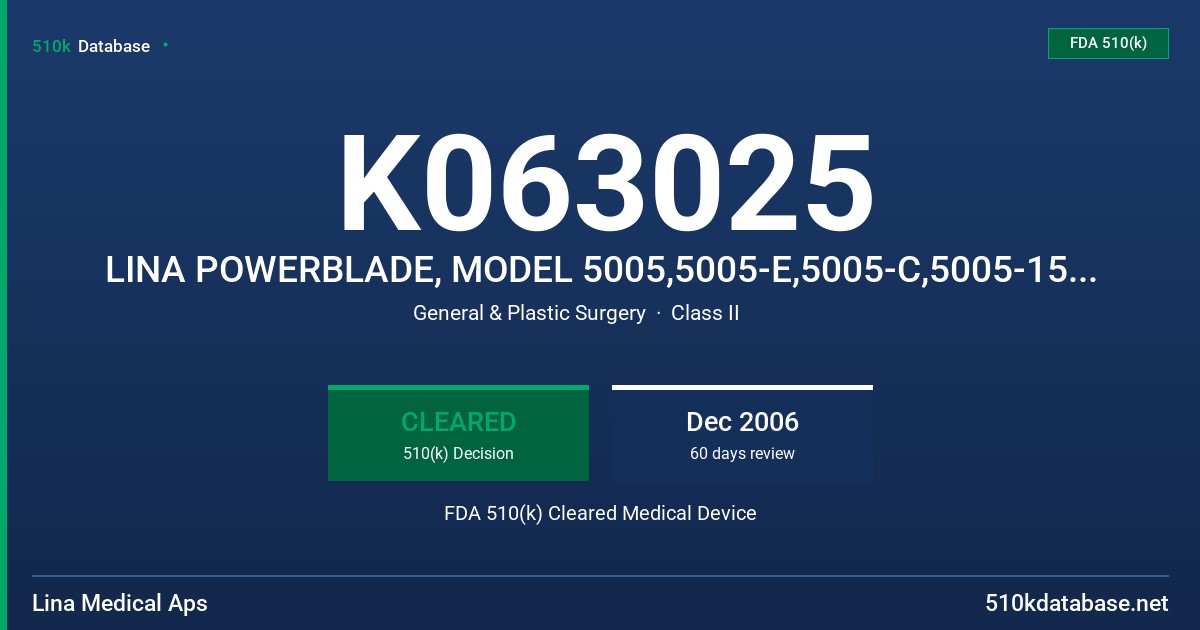 K063025 LINA POWERBLADE, MODEL 5005,5005-E,5005-C,5005-150,5000-C-150,5005-E-C-150,5005-420,5005-C-420,5005-E-420,5005-E-C-420, FDA 510(k) Cleared Medical Device