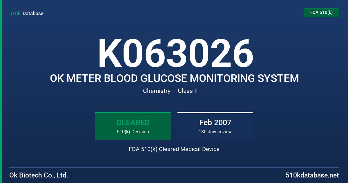 K063026 OK METER BLOOD GLUCOSE MONITORING SYSTEM FDA 510(k) Cleared Medical Device