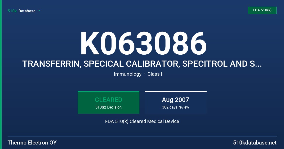 K063086 TRANSFERRIN, SPECICAL CALIBRATOR, SPECITROL AND SPECITROL HIGH CONTROLS FDA 510(k) Cleared Medical Device