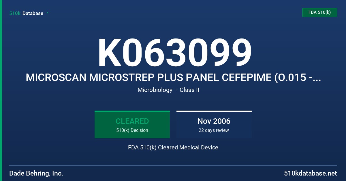 K063099 MICROSCAN MICROSTREP PLUS PANEL CEFEPIME (O.015 - 8 MCG/ML) FDA 510(k) Cleared Medical Device