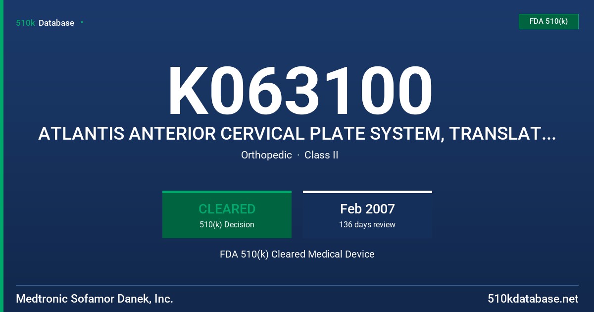 K063100 ATLANTIS ANTERIOR CERVICAL PLATE SYSTEM, TRANSLATIONAL PLATE FDA 510(k) Cleared Medical Device