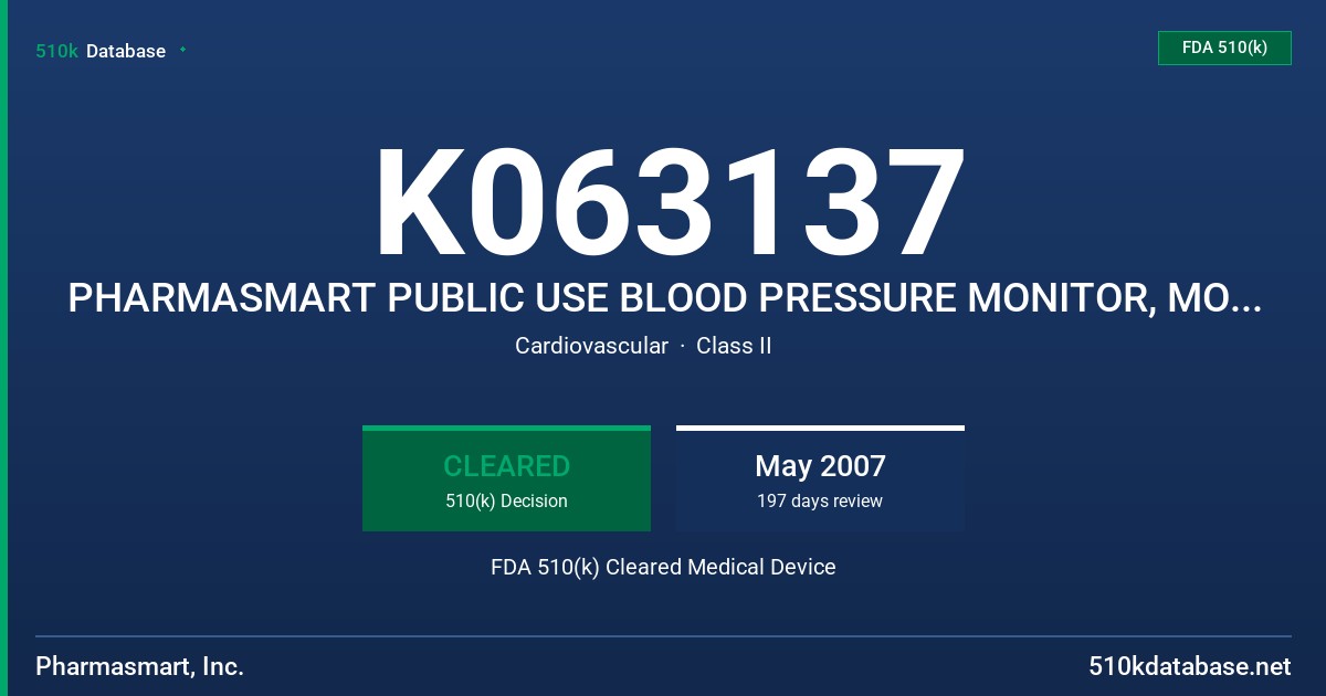 K063137 PHARMASMART PUBLIC USE BLOOD PRESSURE MONITOR, MODELS PS-1000/PS-1500/PS-2000 FDA 510(k) Cleared Medical Device