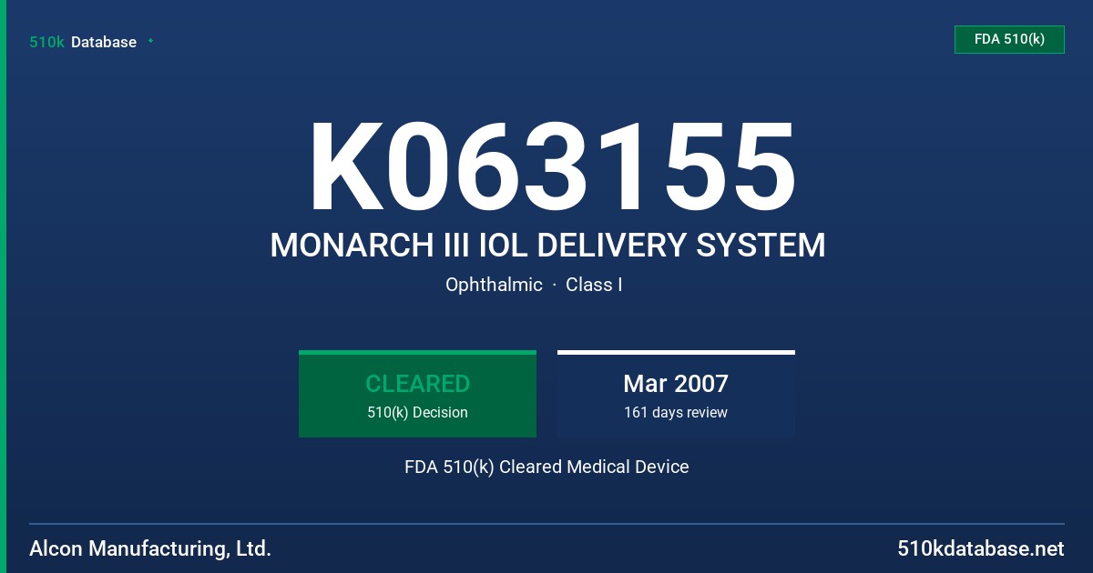 K063155 MONARCH III IOL DELIVERY SYSTEM FDA 510(k) Cleared Medical Device