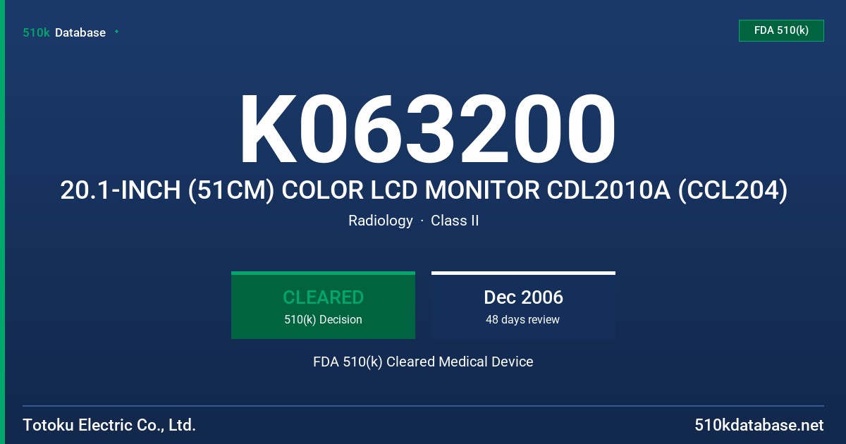 K063200 20.1-INCH (51CM) COLOR LCD MONITOR CDL2010A (CCL204) FDA 510(k) Cleared Medical Device