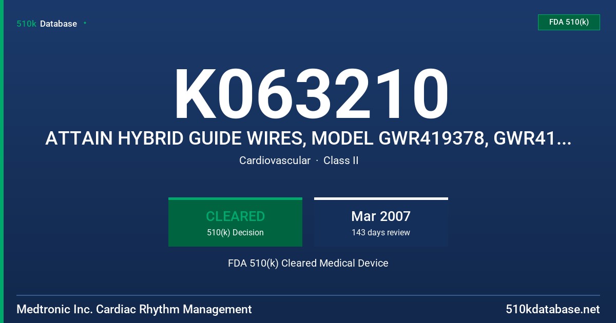 K063210 ATTAIN HYBRID GUIDE WIRES, MODEL GWR419378, GWR419388, GWR419478, GWR419488 FDA 510(k) Cleared Medical Device
