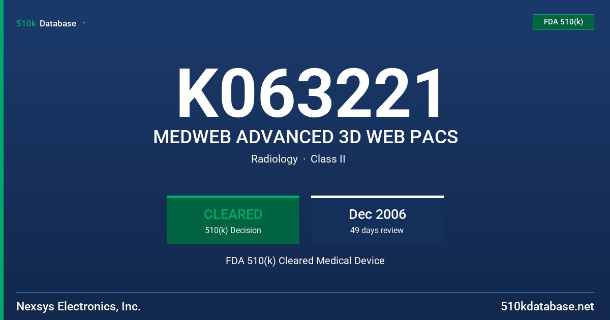 K063221 MEDWEB ADVANCED 3D WEB PACS FDA 510(k) Cleared Medical Device