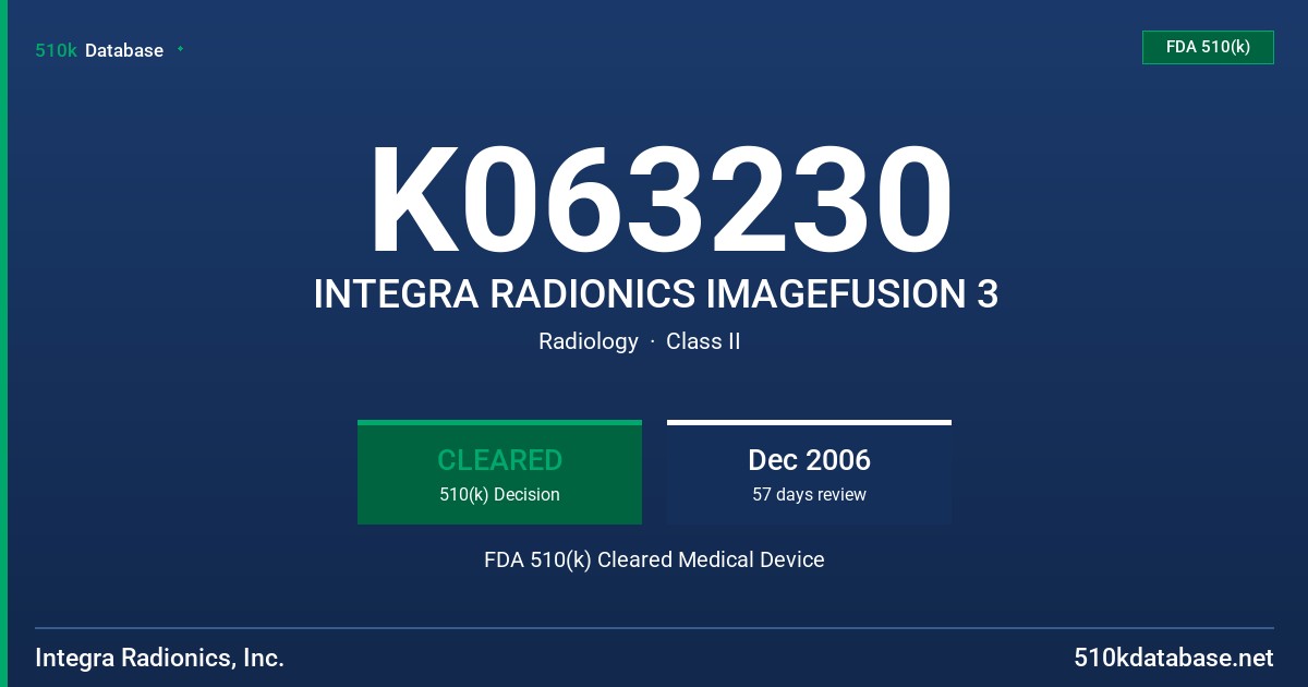 K063230 INTEGRA RADIONICS IMAGEFUSION 3 FDA 510(k) Cleared Medical Device