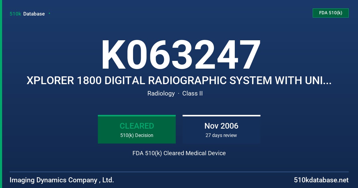 K063247 XPLORER 1800 DIGITAL RADIOGRAPHIC SYSTEM WITH UNIVERSAL STAND FDA 510(k) Cleared Medical Device