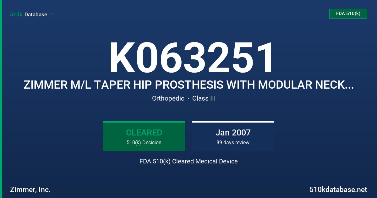 K063251 ZIMMER M/L TAPER HIP PROSTHESIS WITH MODULAR NECK TECHNOLOGY FDA 510(k) Cleared Medical Device