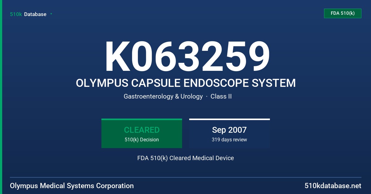 K063259 OLYMPUS CAPSULE ENDOSCOPE SYSTEM FDA 510(k) Cleared Medical Device