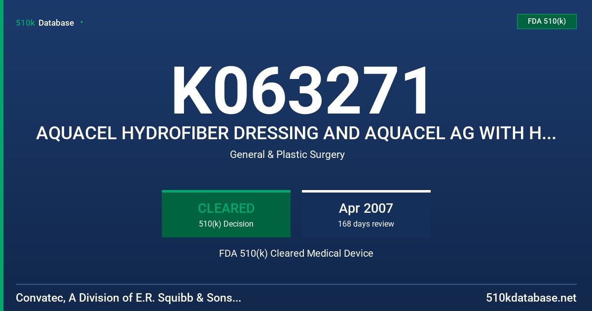 K063271 AQUACEL HYDROFIBER DRESSING AND AQUACEL AG WITH HYDROFIBER SILVER IMPREGNATED ANTIMICROBIAL DRESSING FDA 510(k) Cleared Medical Device