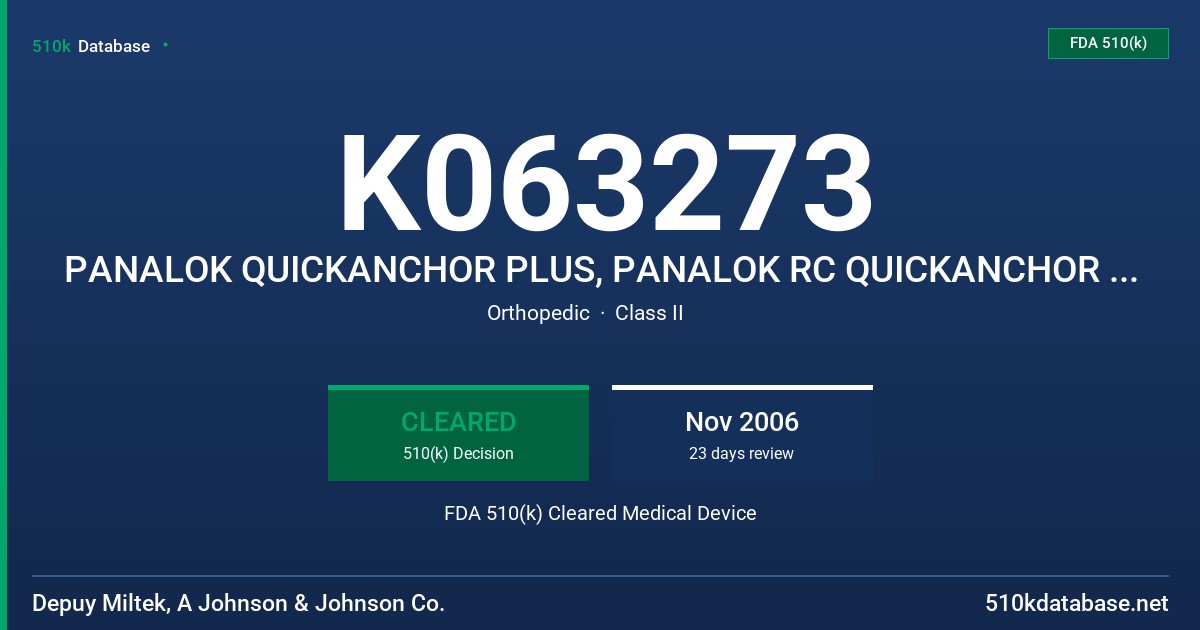 K063273 PANALOK QUICKANCHOR PLUS, PANALOK RC QUICKANCHOR PLUS DUAL SUTURE, PANALOK ANCHOR FDA 510(k) Cleared Medical Device