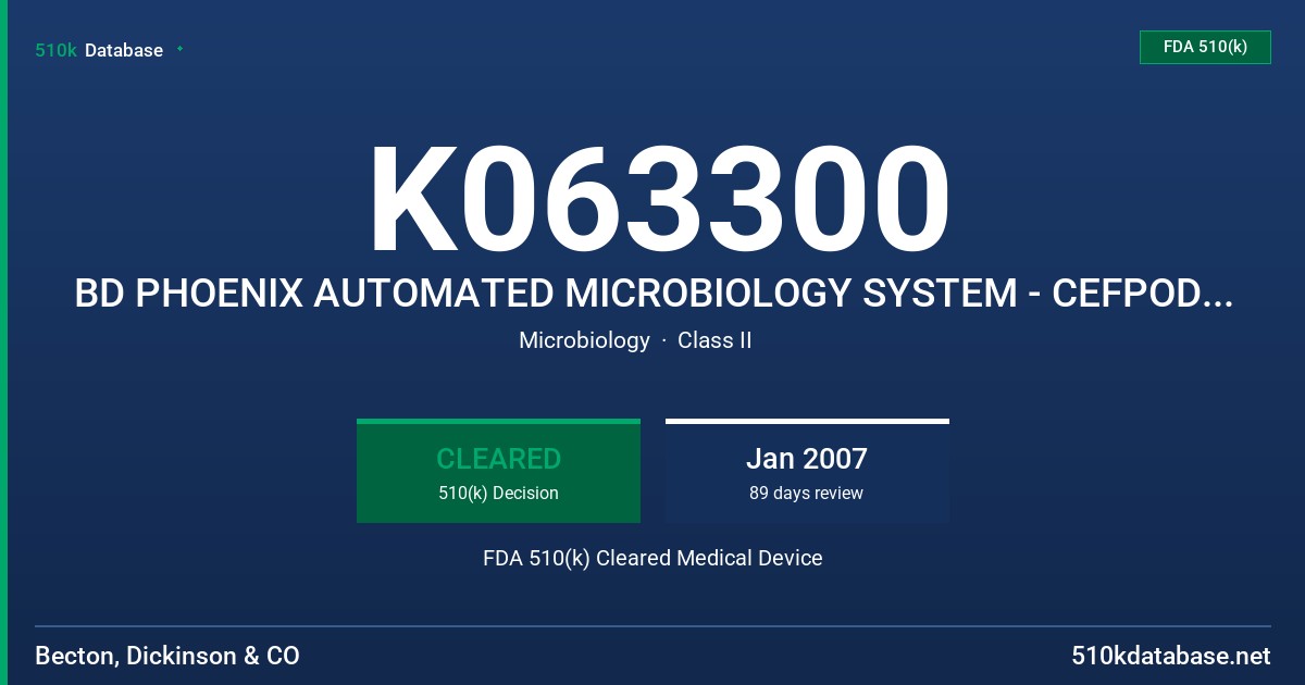 K063300 BD PHOENIX AUTOMATED MICROBIOLOGY SYSTEM - CEFPODOXIME (GN) 0.125-8UG/ML FDA 510(k) Cleared Medical Device
