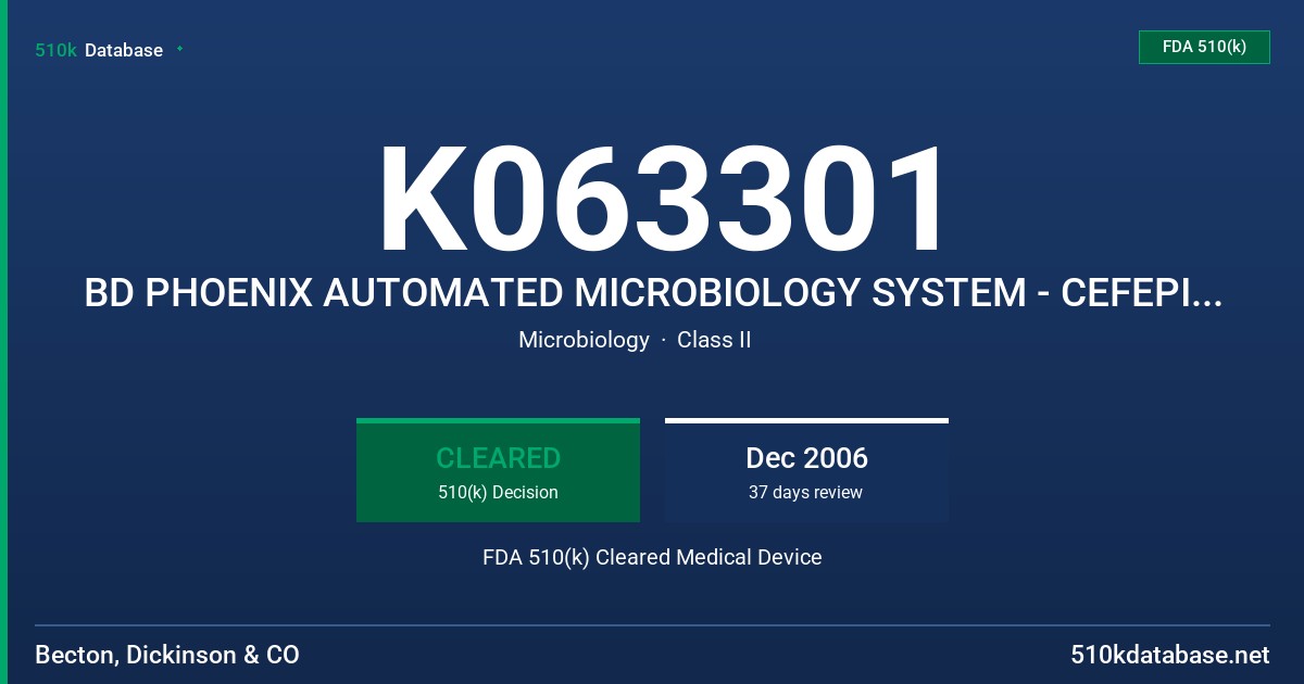 K063301 BD PHOENIX AUTOMATED MICROBIOLOGY SYSTEM - CEFEPIME (GN) 0.5-64UG/ML FDA 510(k) Cleared Medical Device