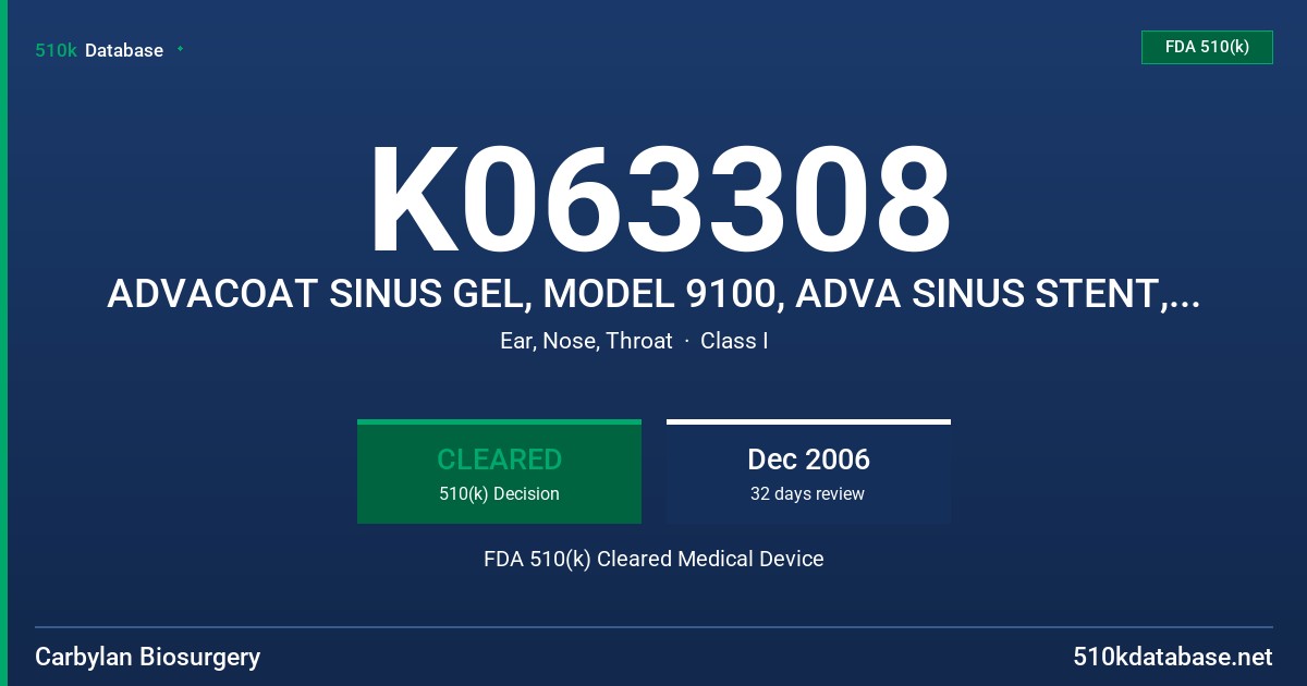 K063308 ADVACOAT SINUS GEL, MODEL 9100, ADVA SINUS STENT, MODEL 9200 FDA 510(k) Cleared Medical Device