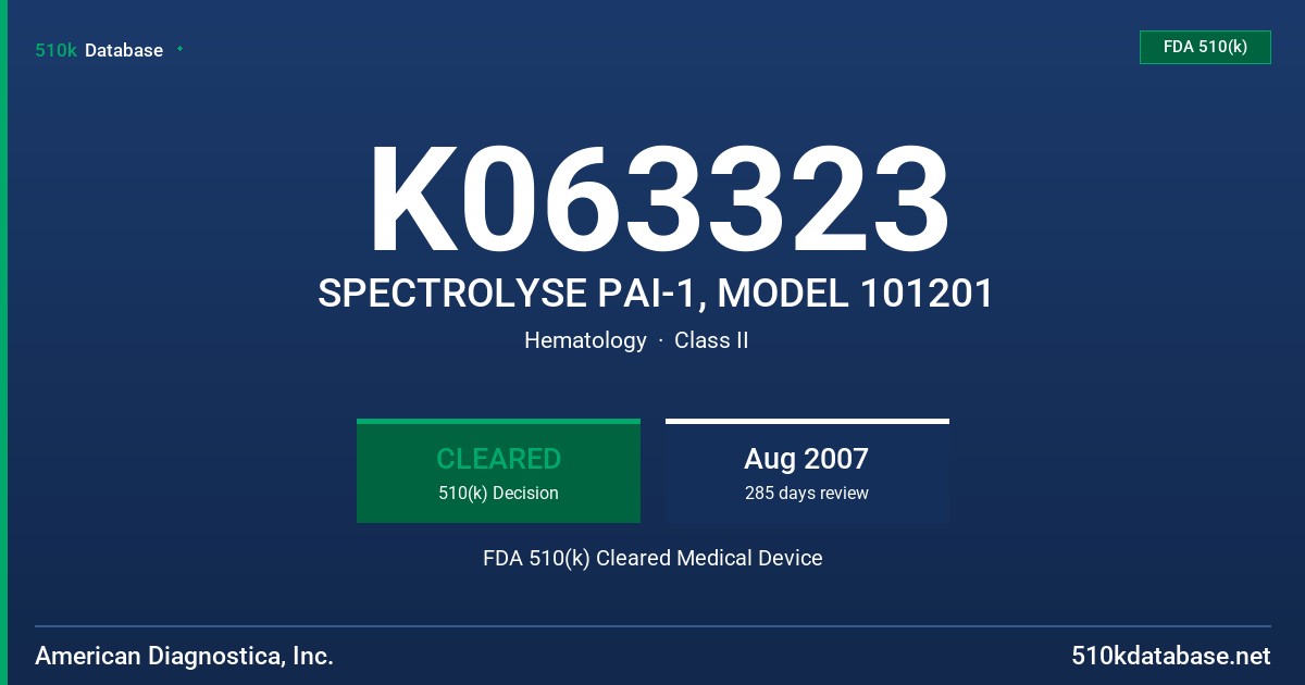 K063323 SPECTROLYSE PAI-1, MODEL 101201 FDA 510(k) Cleared Medical Device