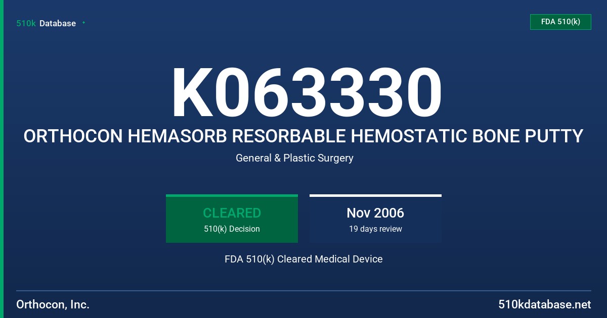 K063330 ORTHOCON HEMASORB RESORBABLE HEMOSTATIC BONE PUTTY FDA 510(k) Cleared Medical Device