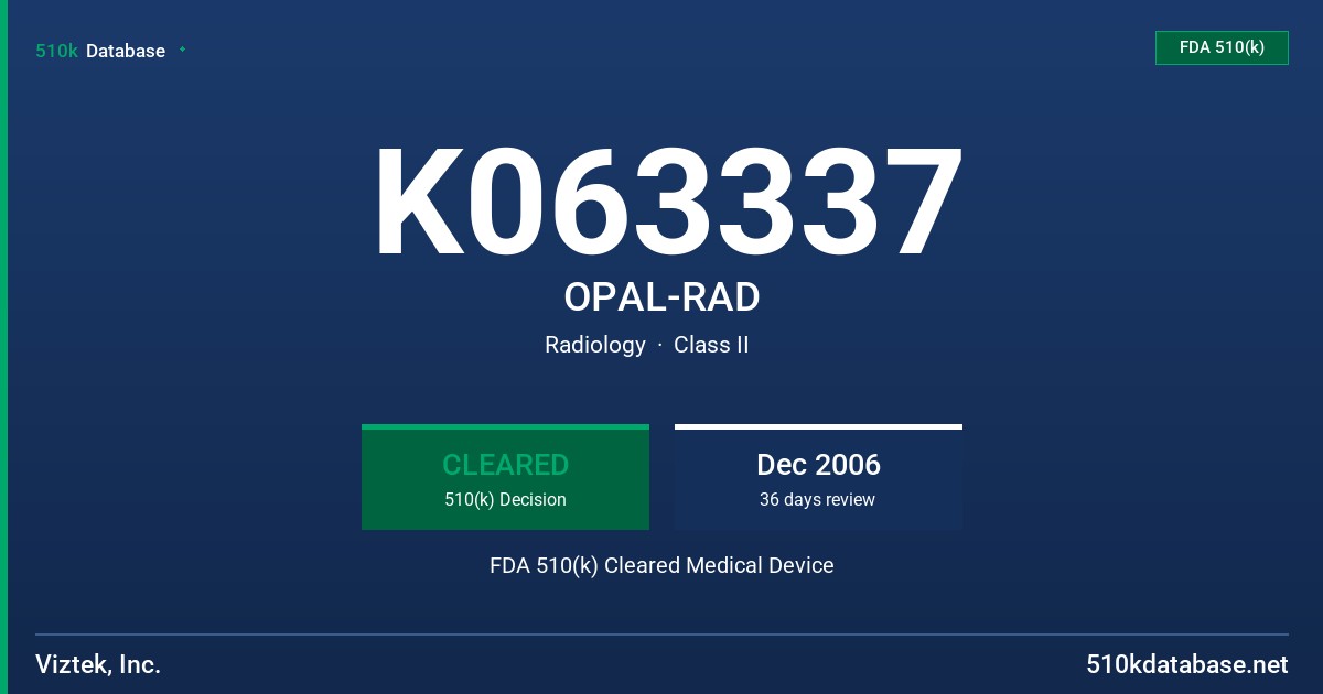 K063337 OPAL-RAD FDA 510(k) Cleared Medical Device