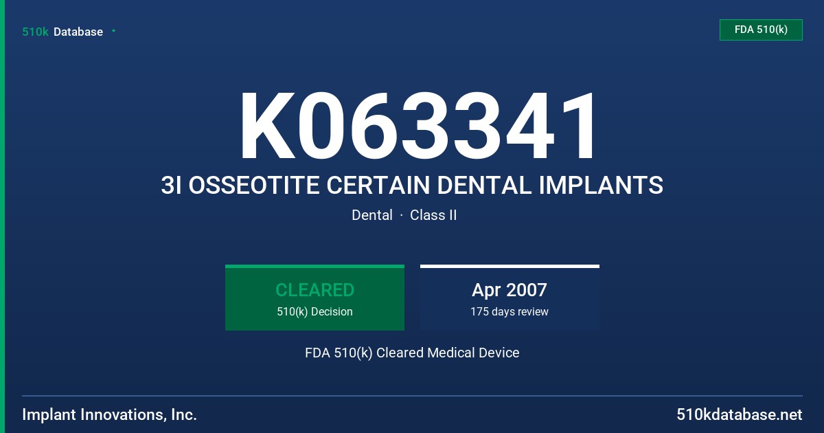 K063341 3I OSSEOTITE CERTAIN DENTAL IMPLANTS FDA 510(k) Cleared Medical Device