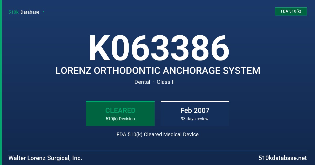 K063386 LORENZ ORTHODONTIC ANCHORAGE SYSTEM FDA 510(k) Cleared Medical Device