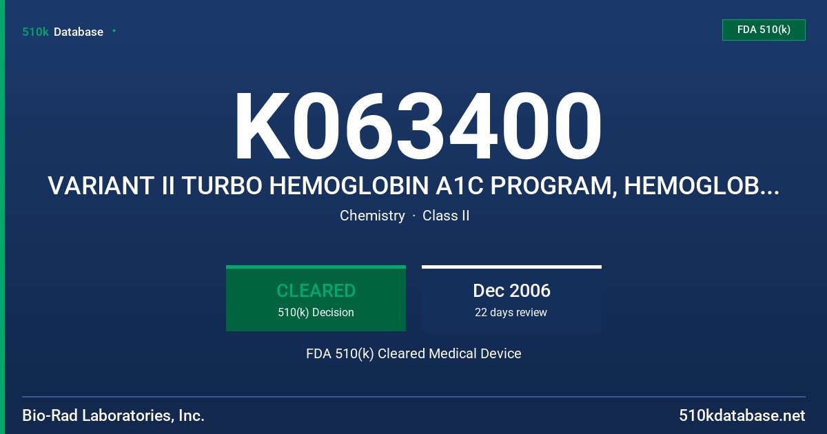 K063400 VARIANT II TURBO HEMOGLOBIN A1C PROGRAM, HEMOGLOBIN TESTING SYSTEM WITH CDM 4.0 FDA 510(k) Cleared Medical Device