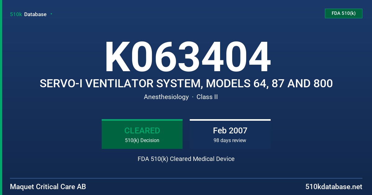 K063404 SERVO-I VENTILATOR SYSTEM, MODELS 64, 87 AND 800 FDA 510(k) Cleared Medical Device