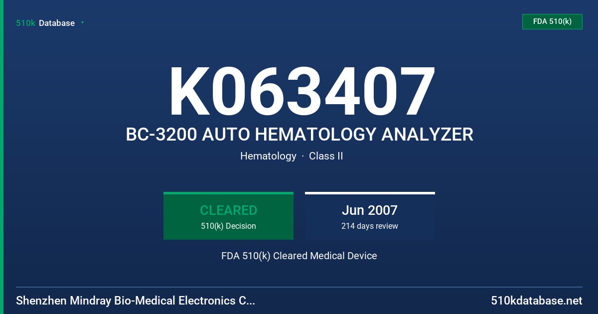 K063407 BC-3200 AUTO HEMATOLOGY ANALYZER FDA 510(k) Cleared Medical Device