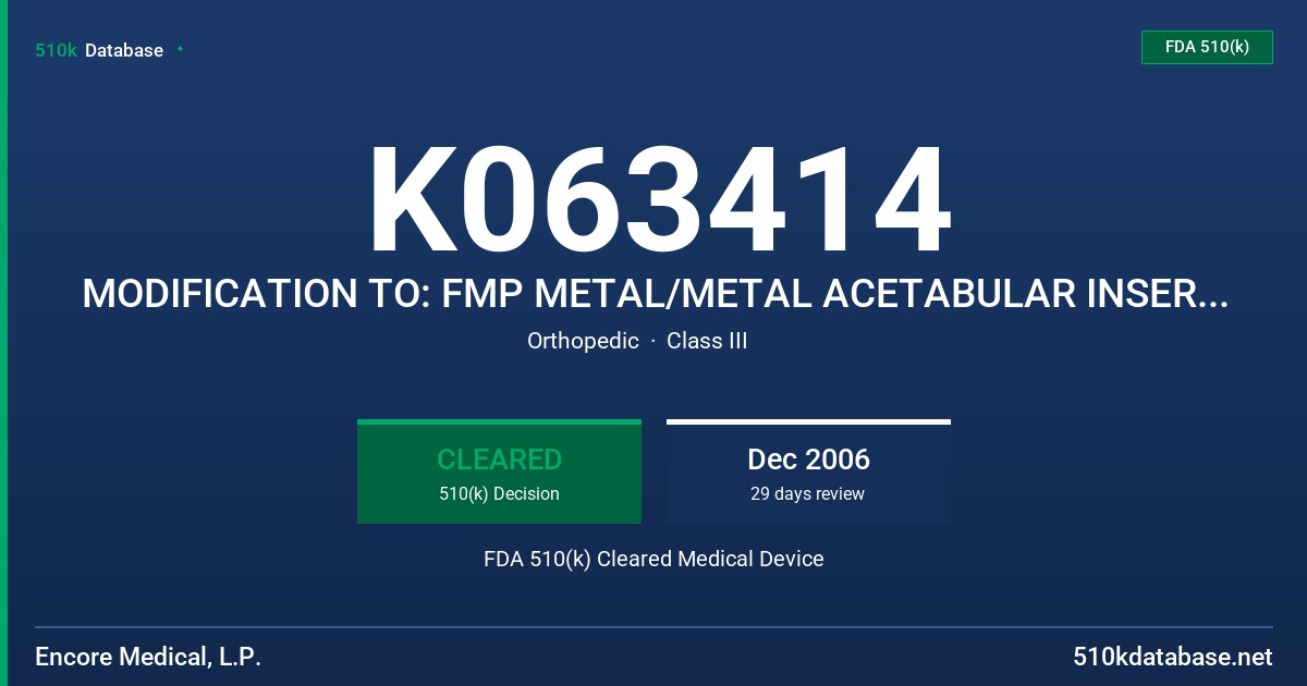 K063414 MODIFICATION TO: FMP METAL/METAL ACETABULAR INSERT, MODELS 499-28, 499-34, 499-38 FDA 510(k) Cleared Medical Device
