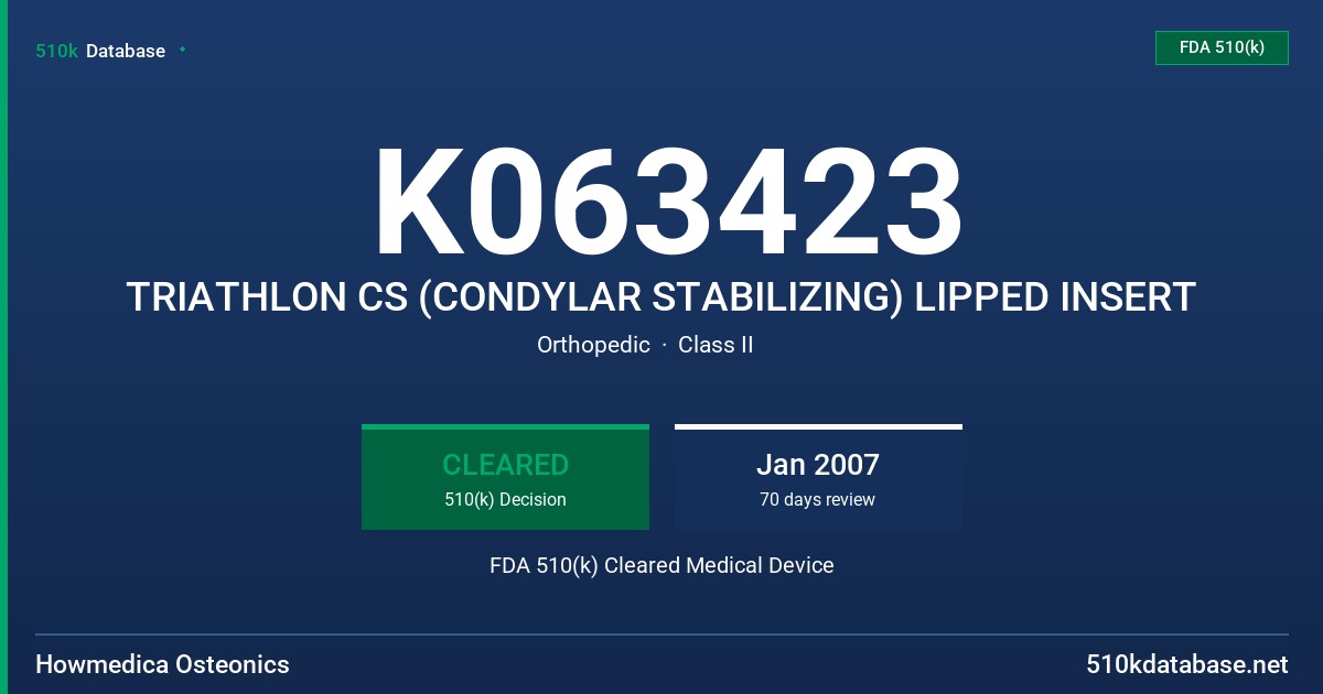 K063423 TRIATHLON CS (CONDYLAR STABILIZING) LIPPED INSERT FDA 510(k) Cleared Medical Device