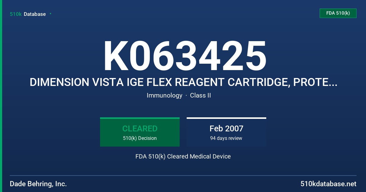 K063425 DIMENSION VISTA IGE FLEX REAGENT CARTRIDGE, PROTEIN 1 CALIBRATOR, PROTEIN 1 CONTROL MEDIUM, AND PROTEIN 1 CONTROL HIGH FDA 510(k) Cleared Medical Device