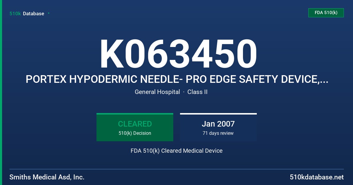 K063450 PORTEX HYPODERMIC NEEDLE- PRO EDGE SAFETY DEVICE, 18GX1, 401810, 19GX1, 401910, 20GX1,402010, 21GX1402110 FDA 510(k) Cleared Medical Device