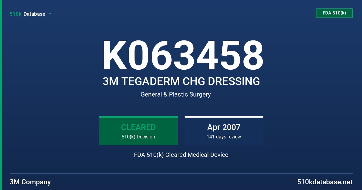 K063458 3M TEGADERM CHG DRESSING FDA 510(k) Cleared Medical Device