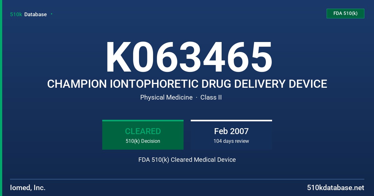 K063465 CHAMPION IONTOPHORETIC DRUG DELIVERY DEVICE FDA 510(k) Cleared Medical Device
