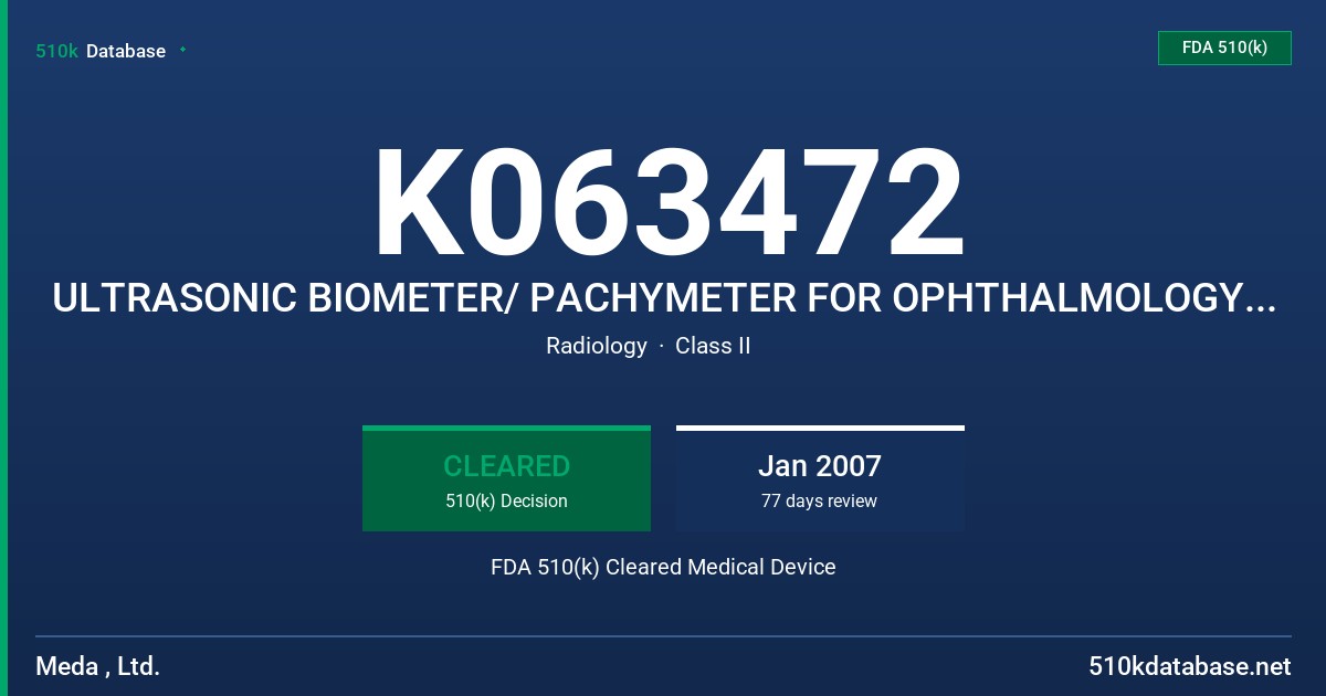 K063472 ULTRASONIC BIOMETER/ PACHYMETER FOR OPHTHALMOLOGY, MODEL ODM 2100, 2200 FDA 510(k) Cleared Medical Device