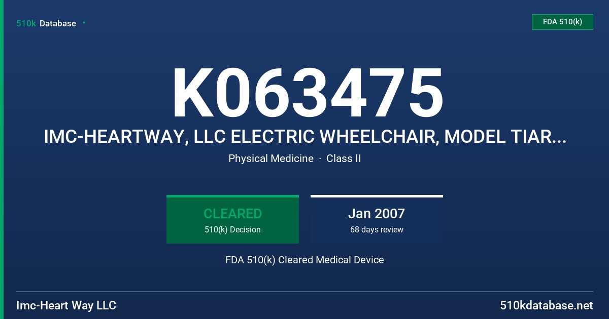 K063475 IMC-HEARTWAY, LLC ELECTRIC WHEELCHAIR, MODEL TIARA (P4AS) FDA 510(k) Cleared Medical Device