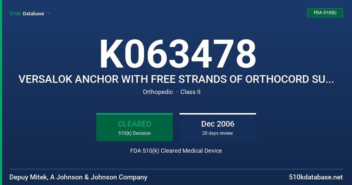 K063478 VERSALOK ANCHOR WITH FREE STRANDS OF ORTHOCORD SUTURE (210808), ETHIBOND SUTURE (210809), AND PANACRYL SUTURE (210810) FDA 510(k) Cleared Medical Device