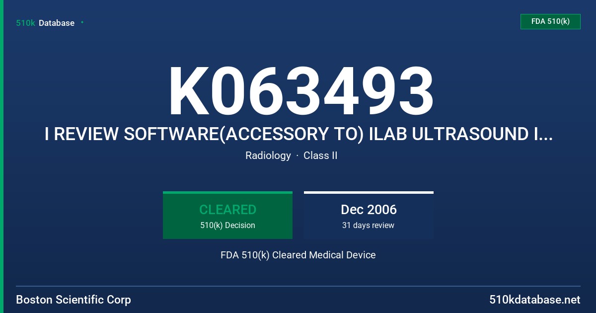 K063493 I REVIEW SOFTWARE(ACCESSORY TO) ILAB ULTRASOUND IMAGING SYSTEM) VERSION1.0 FDA 510(k) Cleared Medical Device