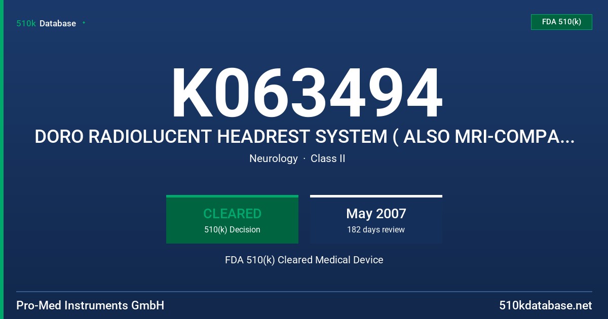 K063494 DORO RADIOLUCENT HEADREST SYSTEM ( ALSO MRI-COMPATIBLE) AND COMPONENTS FDA 510(k) Cleared Medical Device