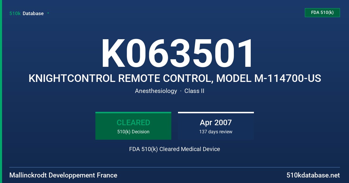 K063501 KNIGHTCONTROL REMOTE CONTROL, MODEL M-114700-US FDA 510(k) Cleared Medical Device