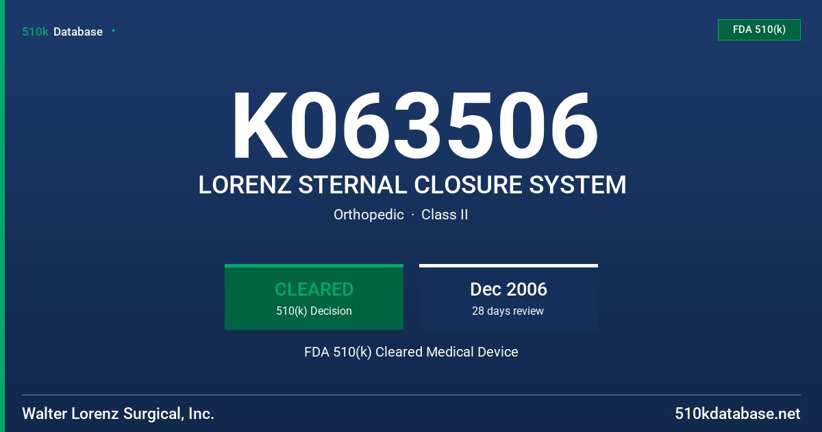 K063506 LORENZ STERNAL CLOSURE SYSTEM FDA 510(k) Cleared Medical Device