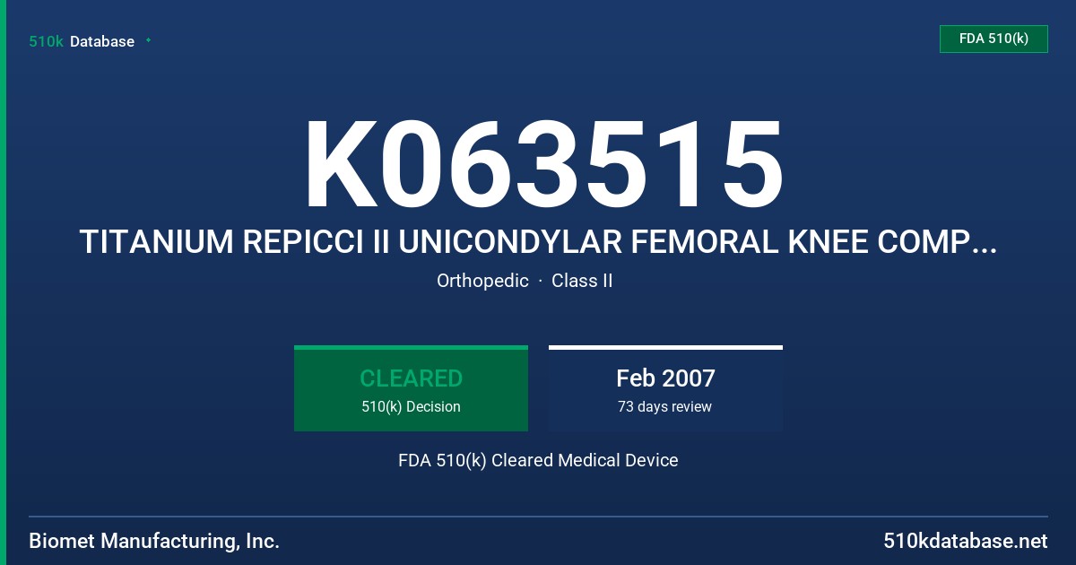 K063515 TITANIUM REPICCI II UNICONDYLAR FEMORAL KNEE COMPONENTS COCR REPICCI II UNICONDYLAR KNEE FDA 510(k) Cleared Medical Device